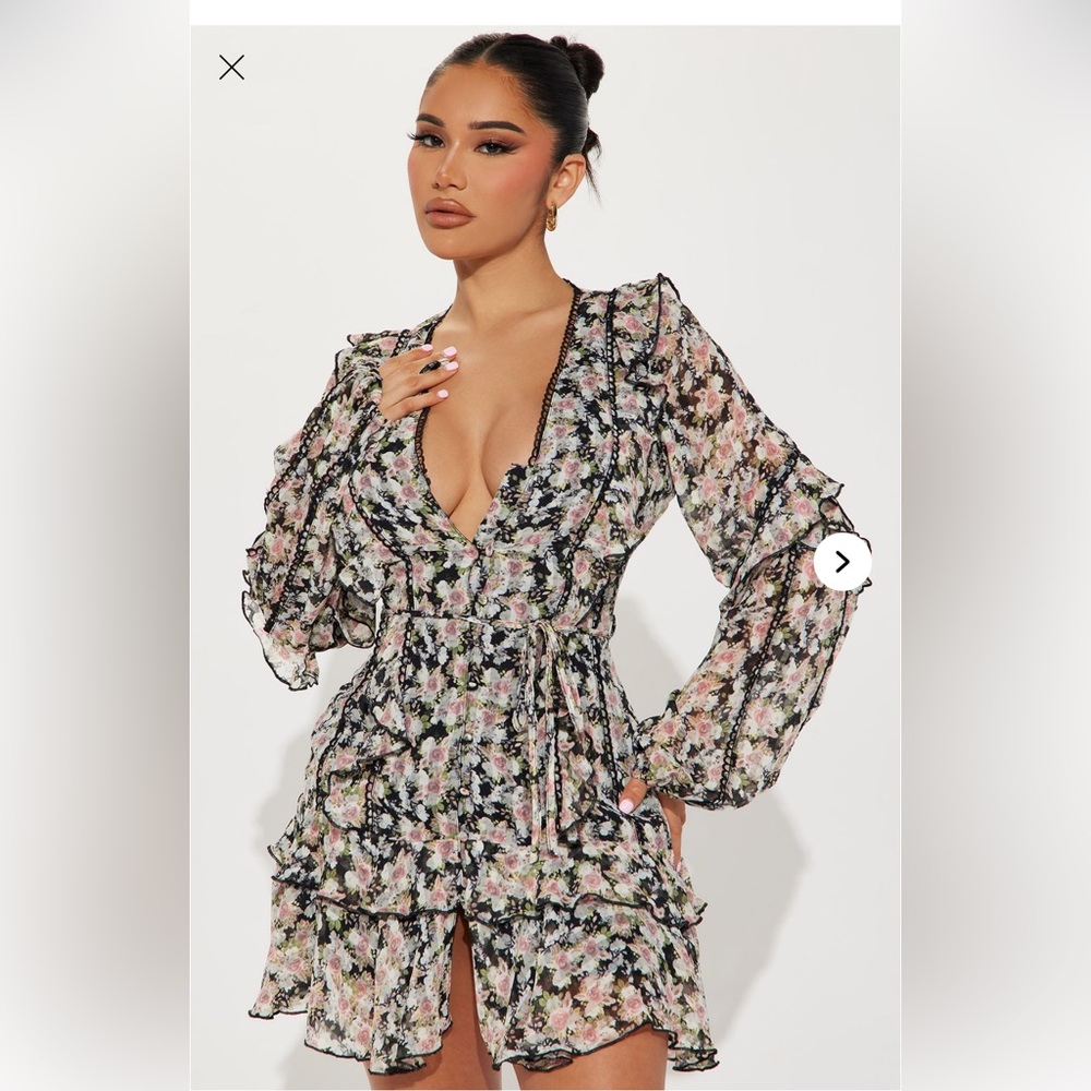 Fashion Nova Black Floral Long Sleeve Ruffle Mini Dress